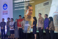 Mendikbudristek Nadiem Makarim dalam Perilisan Laporan Kajian Dampak Platform Teknologi Kemendikbudristek di Sheraton Hotel, Jakarta, Rabu (6/12/2023). Foto: Antara
