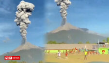 Tangkap layer momen warga nonton pertandingan sepak bola di tengah erupsi Gunung Lewotobi Laki-laki di Flores Timur. Foto: Tajukflores.com/X