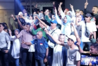 Sejumlah pendukung Anies-Cak Imin melakukan deklarasi kemenangan di Markas Pemenangan Timnas AMIN, Jakarta, Rabu (14/2/2024). Foto: Antara
