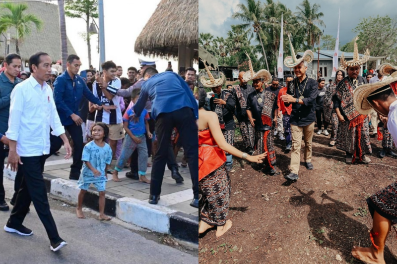 Foto kolase kunjungan Presiden Jokowi ke Kupang, NTT (kiri) dan kampanye Ganjar di Kupang, NTT (kanan). (Tajukflores.com/Twitter)